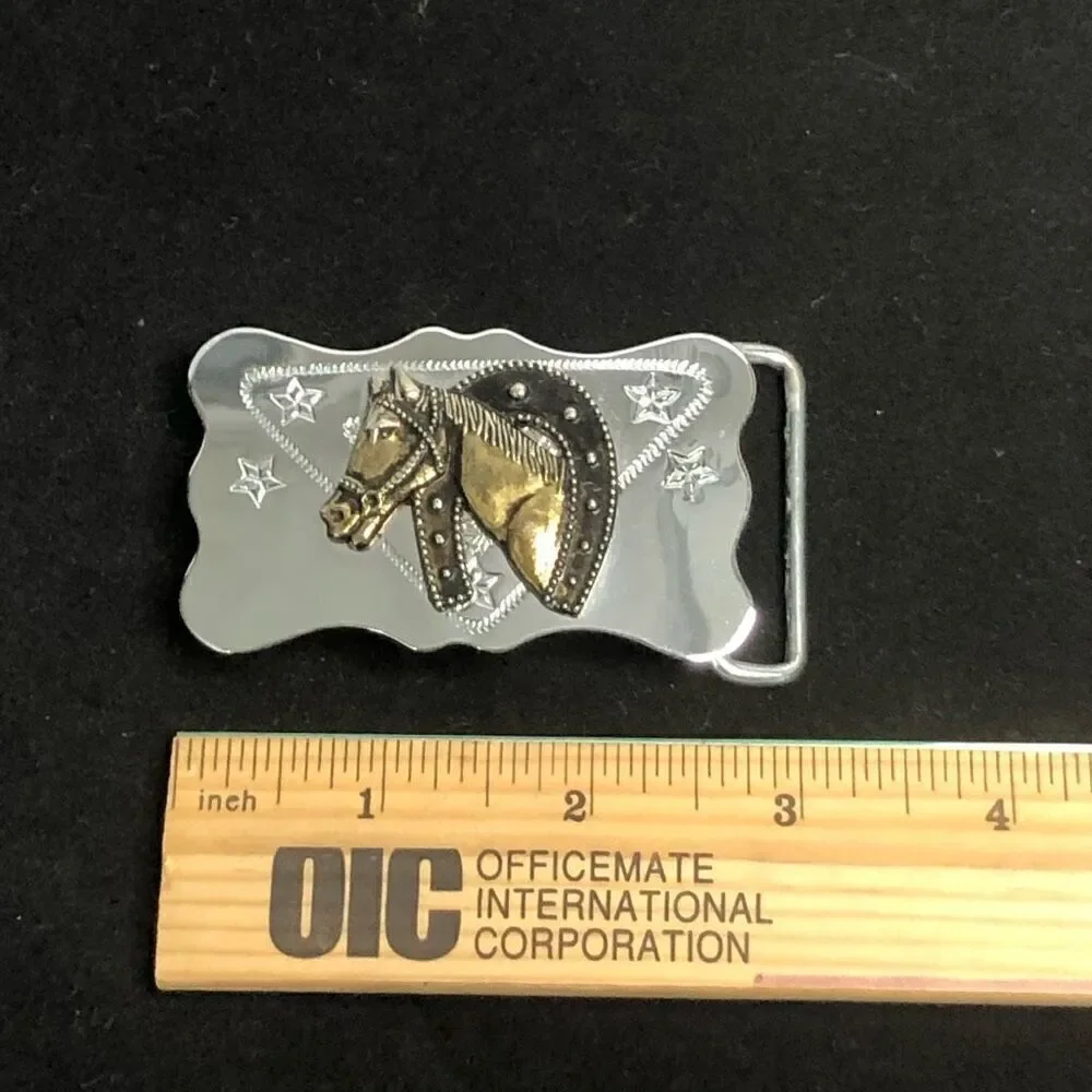 vintage metal horse belt buckle two tone‎ metal horseshoe mirror finish western